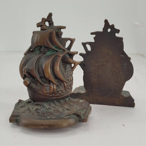Vintage‎ English Galleons Bronze Heavy Metal Pair of Signed Bookends - Picture 4 of 11